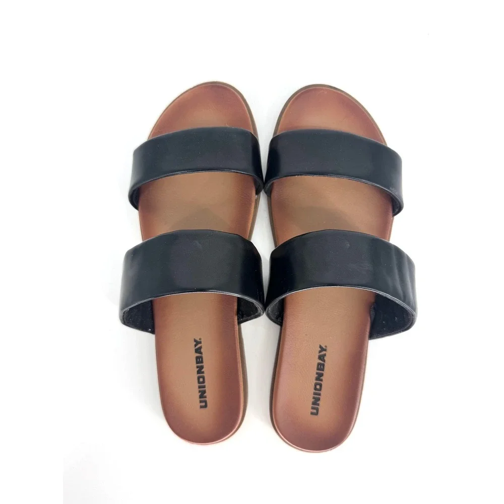 Unionbay Refresh Black Two Strap Slide Sandals Womens 9 Flat Brown Sole
